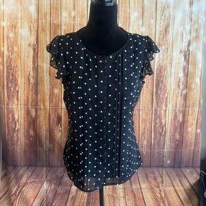 Worthington Women’s Cap Sleeve Black Polka Dots Sheer Button Down Shirt Size M